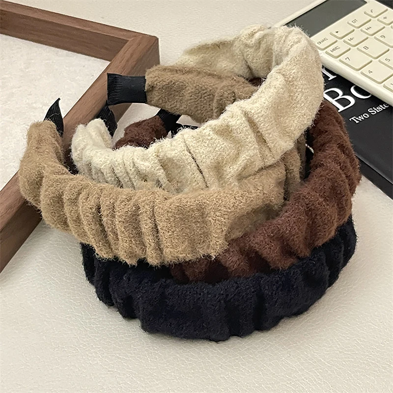 Plush Pleated Headband For Women Temperament Hair Band Hair Clip Autumn Winter Solid Color Simple Headdress Hair Accessories