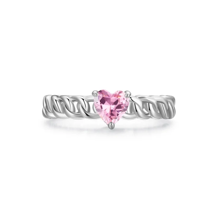 

Female Sweet Love Zircon 925 Sterling Silver Heart-Shape Pink Diamond Ring