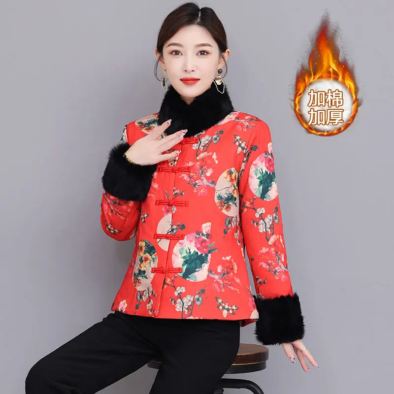 Estilo chinês acolchoado jaqueta outono inverno retro fivela curto engrossado gola de pele e manguito roupas algodão mãe acolchoado casaco t674