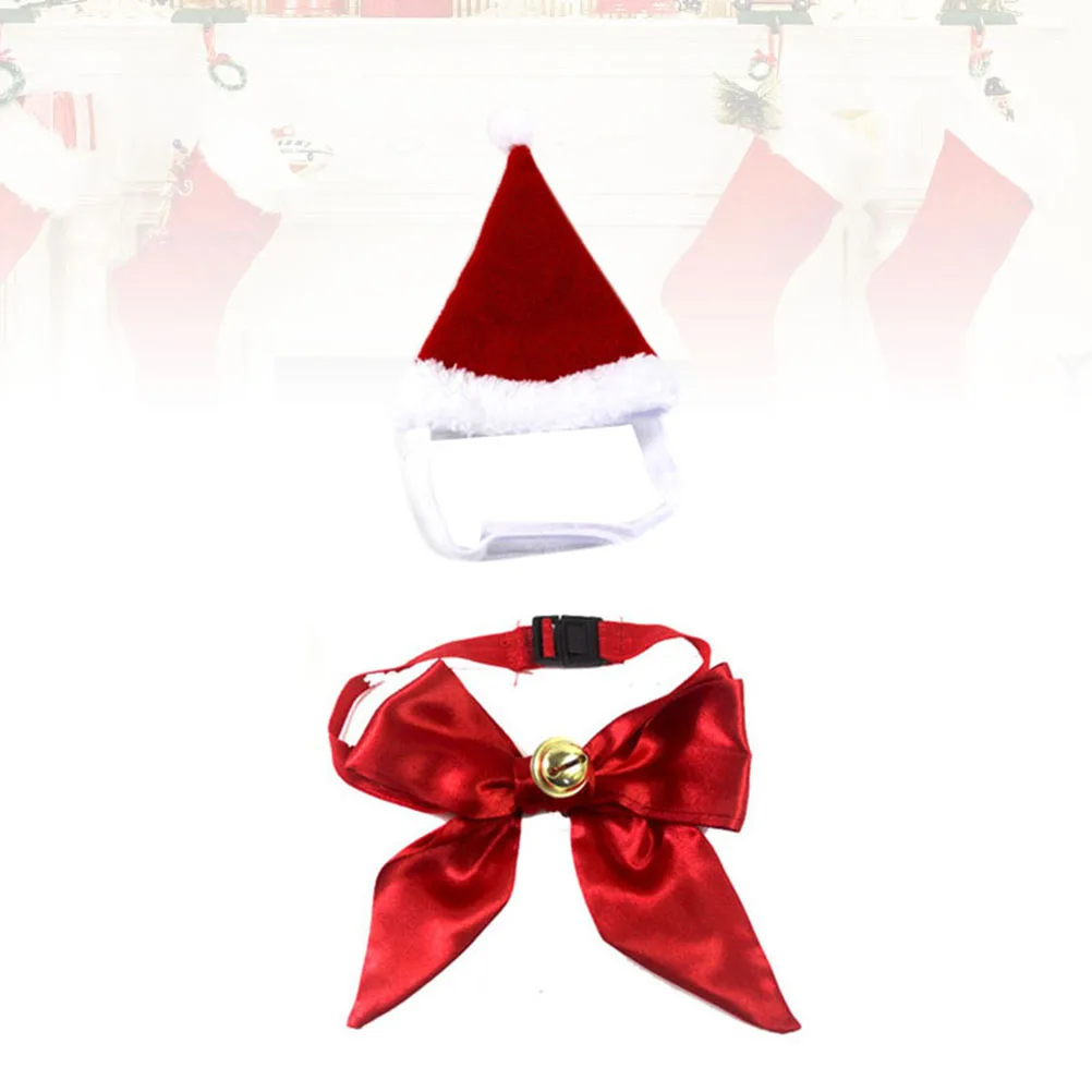 

Pet Hat Bell Bow Tie Set Christmas Costume Holiday Gifts Xmas Necklace Bowknot Shape Collar