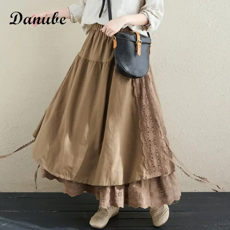 

Винтажная длинная юбка из хлопка и льна с вырезами, женская летняя юбка А-силуэта с кружевными вставками и эластичной талией, повседневная пляжная юбка в стиле бохо