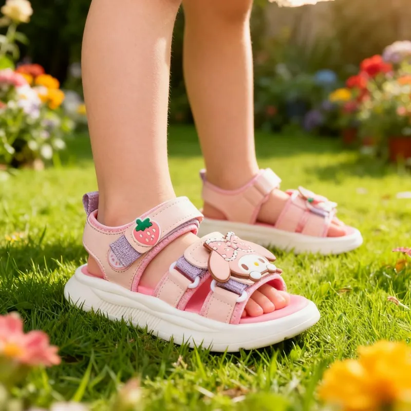 Kids'Sandals PU Leather My Melody Summer Beach Shoes For Children Peep Toe Breathable Soft Bottom Pink Khaki Shoes Size 26-37