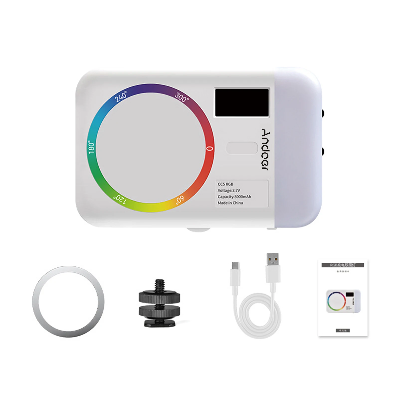 

Andoer CC5 RGB Видеосвет двухсторонний для фотосъемки, 2500K-9000K, с регулировкой яркости, для камеры и телефона, 26 встроенных сценариев эффектов