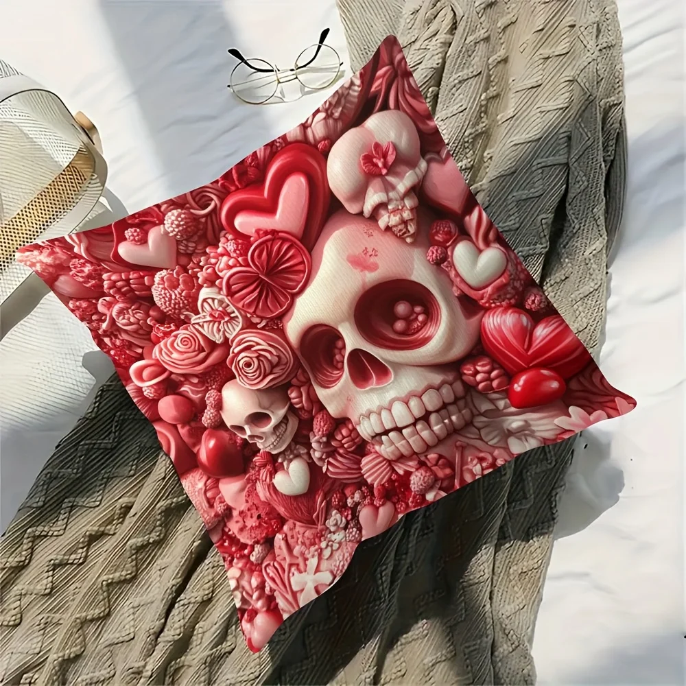 alentine's Day Skull Hearts Double Sided Pillowcase Zipper Closure Cottage Style Home Decor Living Room Bedroom No Insert