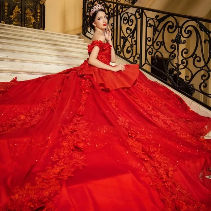

Красное платье Quinceanera с открытыми плечами, блестящая наклейка, 3D цветок, длинный хвост, платья de 15, Quinceanera ﻿ Настроить