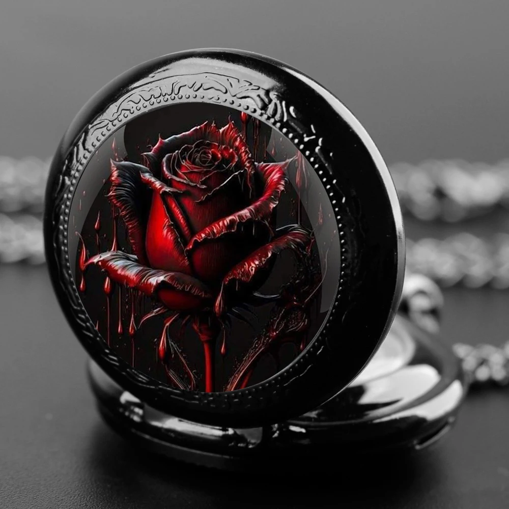 

Delicate Gifts Quartz Pocket Watch Rose Design Glass Dome Necklace Pendant Clock for Mens Womens