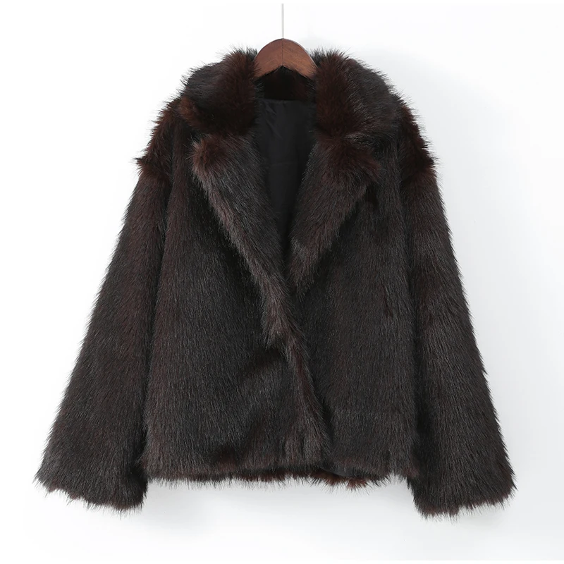 Retro Brown Turn-down Collar Artificial Fur Fluffy Coat Women Fashion Long Sleeve Single Breasted Luxury Jackets Warm Streetwear