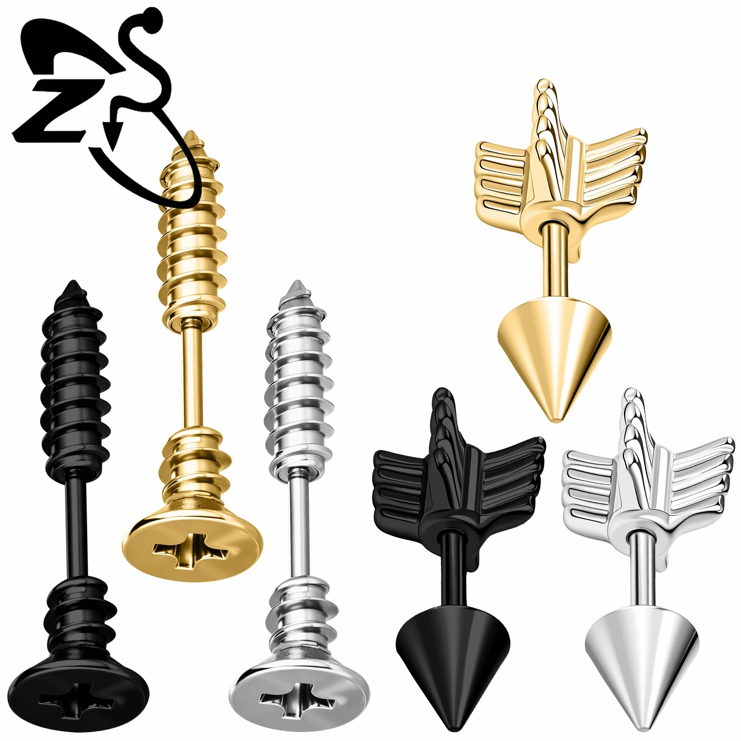 

ZS 1 PC/1 Pair 16G Punk Stainless Steel Stud Earrings Unisex Ear Studs Unique Screw Taper Arrow Shape Helix Conch Piercings 6MM