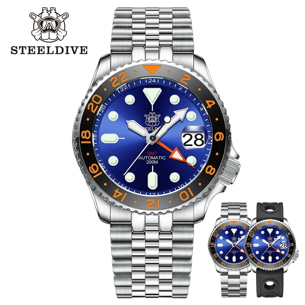 STEELDIVE SD1994 V2 GMT 200M กันน้ําเซรามิค BEZEL สี่ตัวชี้ NH34 การเคลื่อนไหว Luminous Mechanical DIVE นาฬิกา