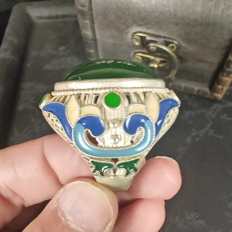 Vintage Cloisonné-Emaille-Ring, Unisex, Blumenmuster, Metall, große Imitation von grünem Jade, auffälliger Fingerring, Schmuck für Männer und Frauen, Geschenk für Partys. – Detail 6