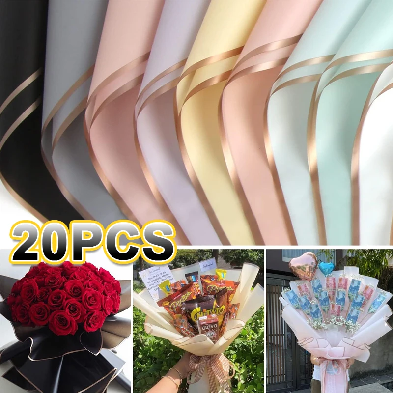 

20PCS Jelly Film Bouquet Wrapping Paper Gold Edge Waterproof for Wedding Birthday Party DIY Craft Gift Floral Packaging Supplies