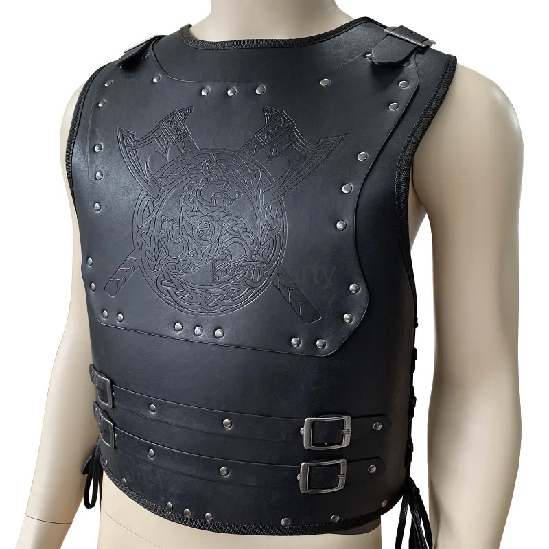 

Medieval Cosplay Costume Men Victorian Warrior Armor Embossed PU Leather Knight Vest Chest Armor Halloween Party Larp Costumes