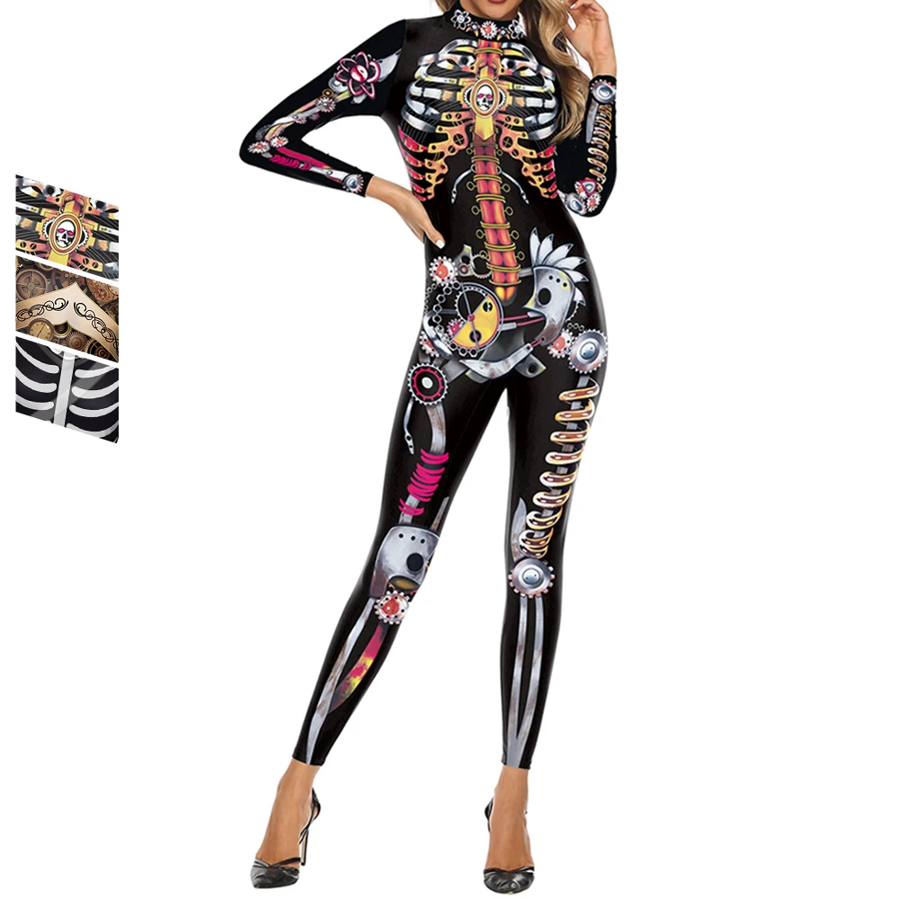 

Zawaland Women Skeleton Print Jumpsuit Purim Holiday Cosplay Costume Zentai Fitness Bodysuit Halloween Carnival Party Streetwear