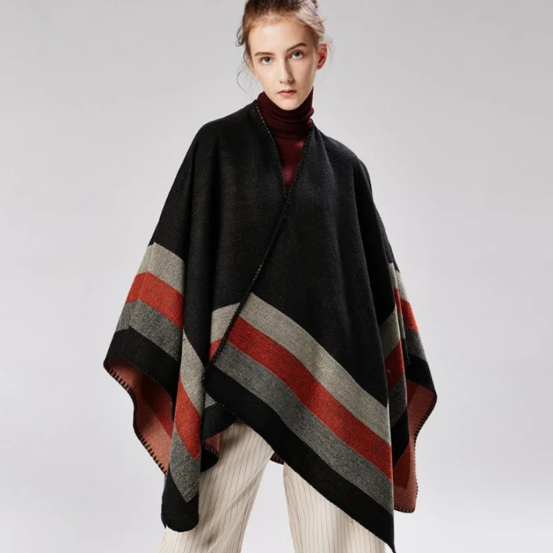 

TEELYNN Striped Cashmeres Cloak Women Capes Coats 2024 Autumn/Winter Long Fashion Poncho Capes for Women Vintage Ethnic Cloaks