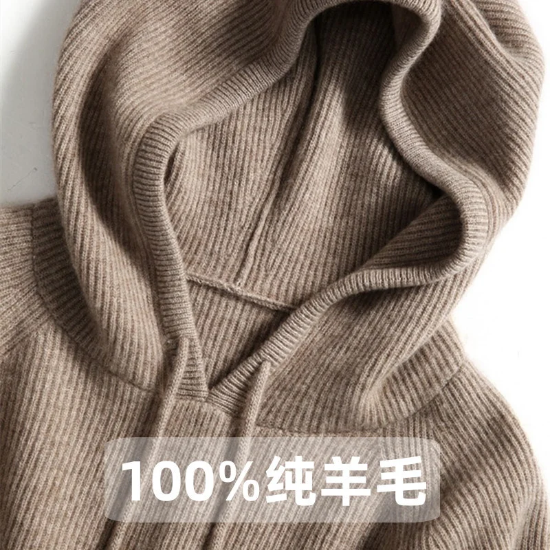 

Autumn Winter Hooded Cashmere Sweater Female Pullover Loose 100% Pure Wool Hoodie Languid Lazy Wind Knitting Solid Base