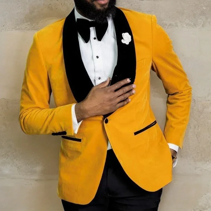 Elegant Yellow Velvet Men's Suits For Wedding Dinner 2 Piece Groom Tuxedo Best Man Blazer With Black Pants Male Fashion