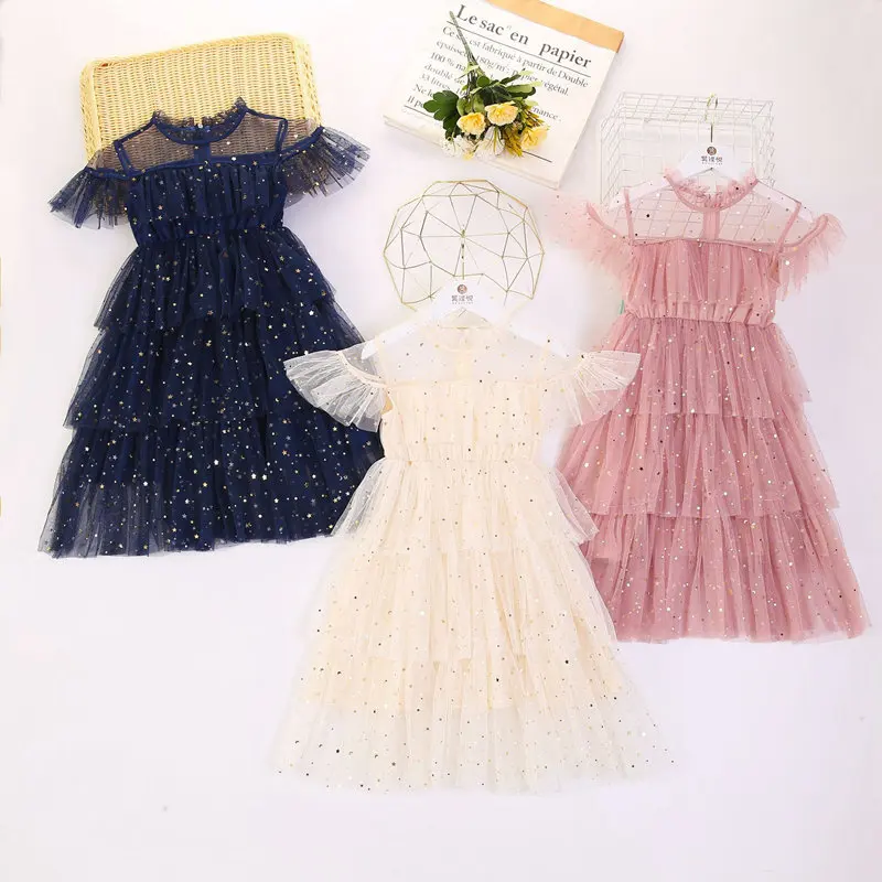 Summer Sequins Princess Lace Dress for Kids Girls Fashion Children Star Moon Print Party Clothes Korean Baby Tutu Dresses 8 12Y