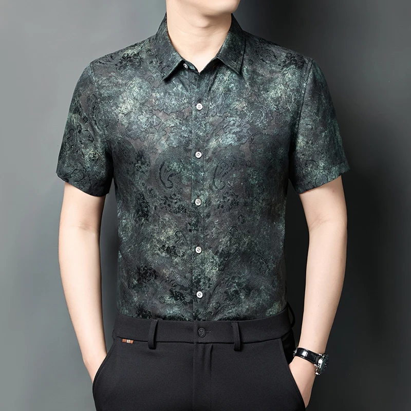 

HT5106 Green Silk 100% Shirts For Men Short Sleeve Skin-Friendly Summer Quality Gambiered Canton Gauze Premium Camisas De Hombre