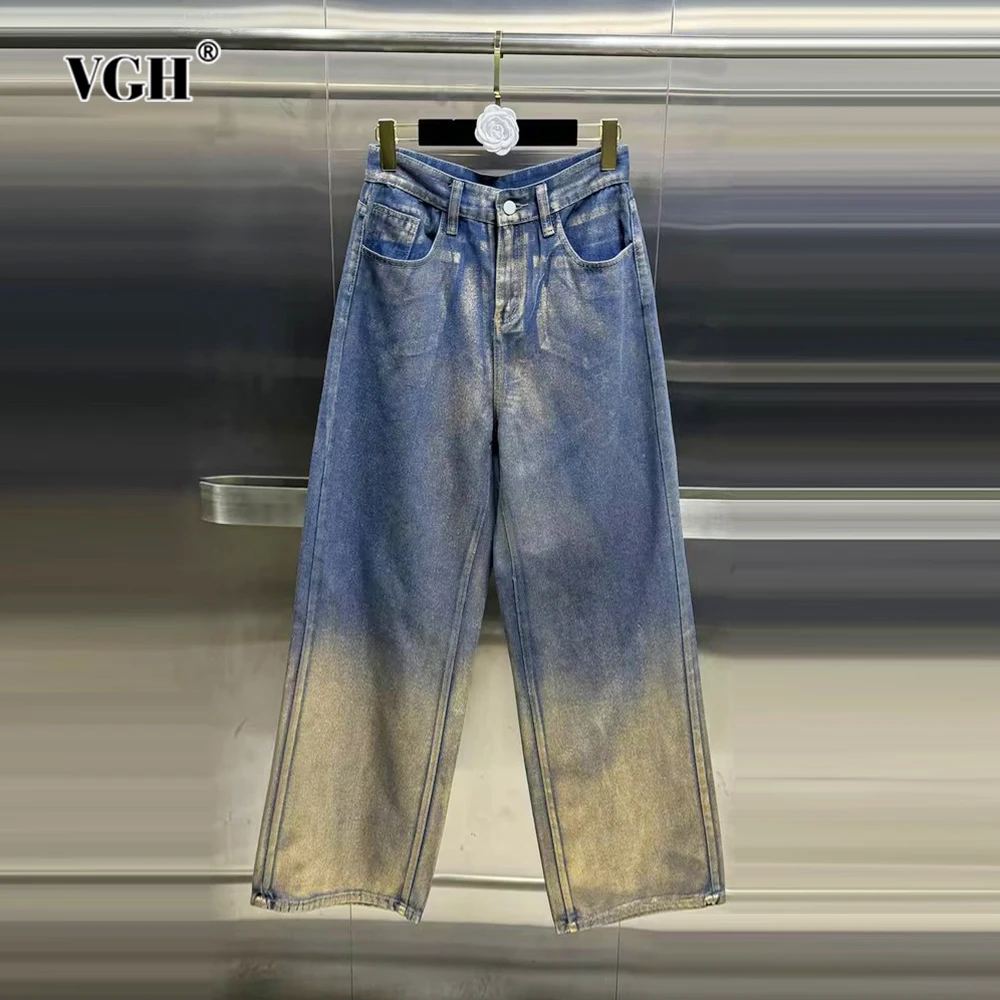 

VGH Hit Color Casual Denim Floor Length Trousers For Women High Waist Patchwork Pockets Loose Wide Leg Pants Female Fashion New
