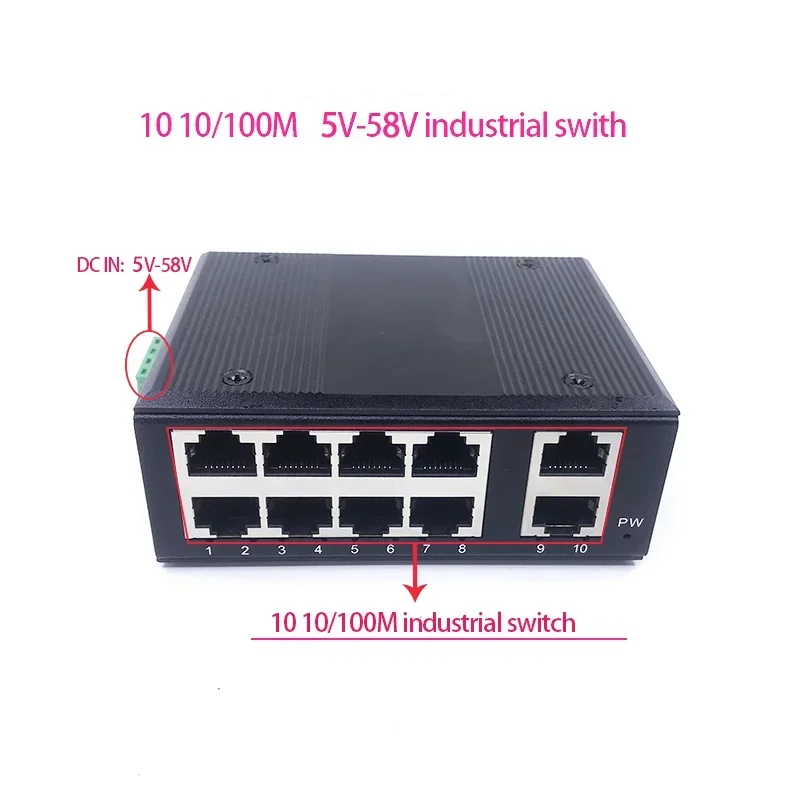 Onbeheerde MINI 10 poort 10/100M 5V-58V 10 poort 100M poort industriële ethernet switch Bliksembeveiliging 4KV, antistatische 4KV