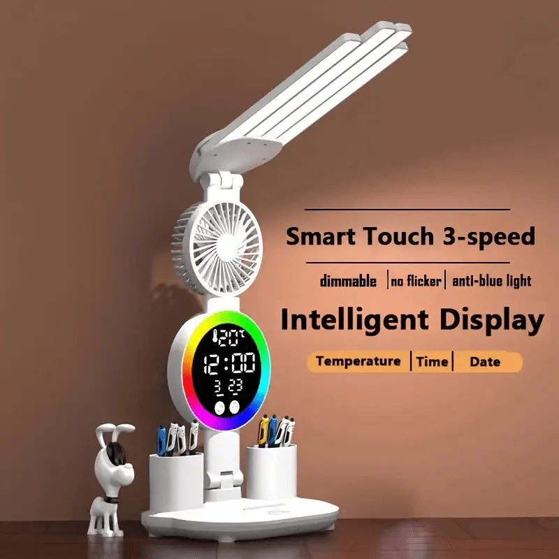 

LED Clock Table Lamp With fan USB Chargeable Touch Lights 2Heads 180 Rotate Foldable Eye Protection Desktop Reading Table Lights