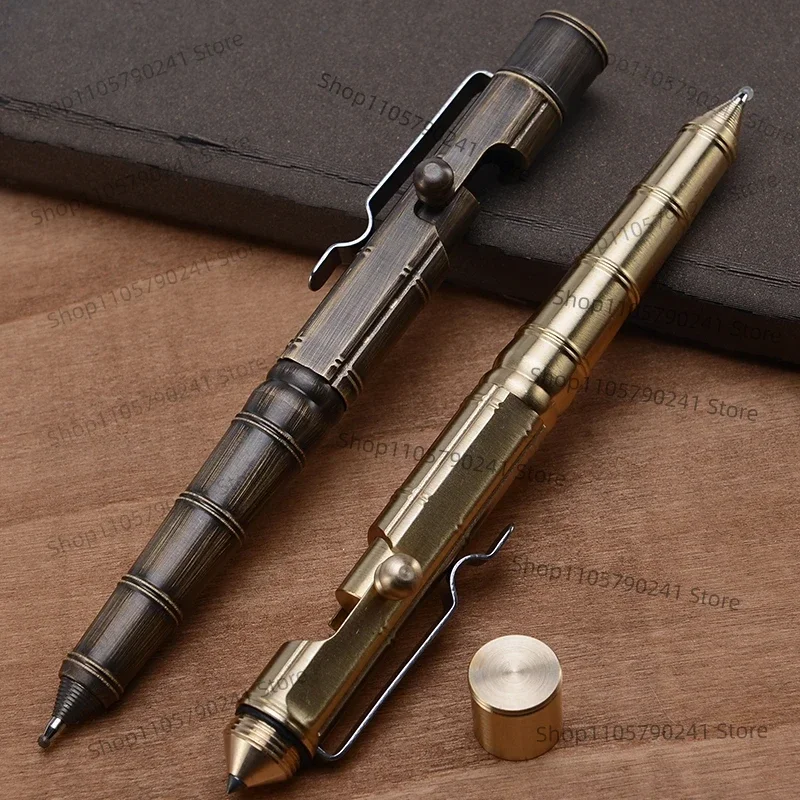 Brass Tactical Pen Retro Bolt Design Gel Ink Writing Self Defense EDC Survival Tool for Outdoor Camping Personal Protection, 1pc