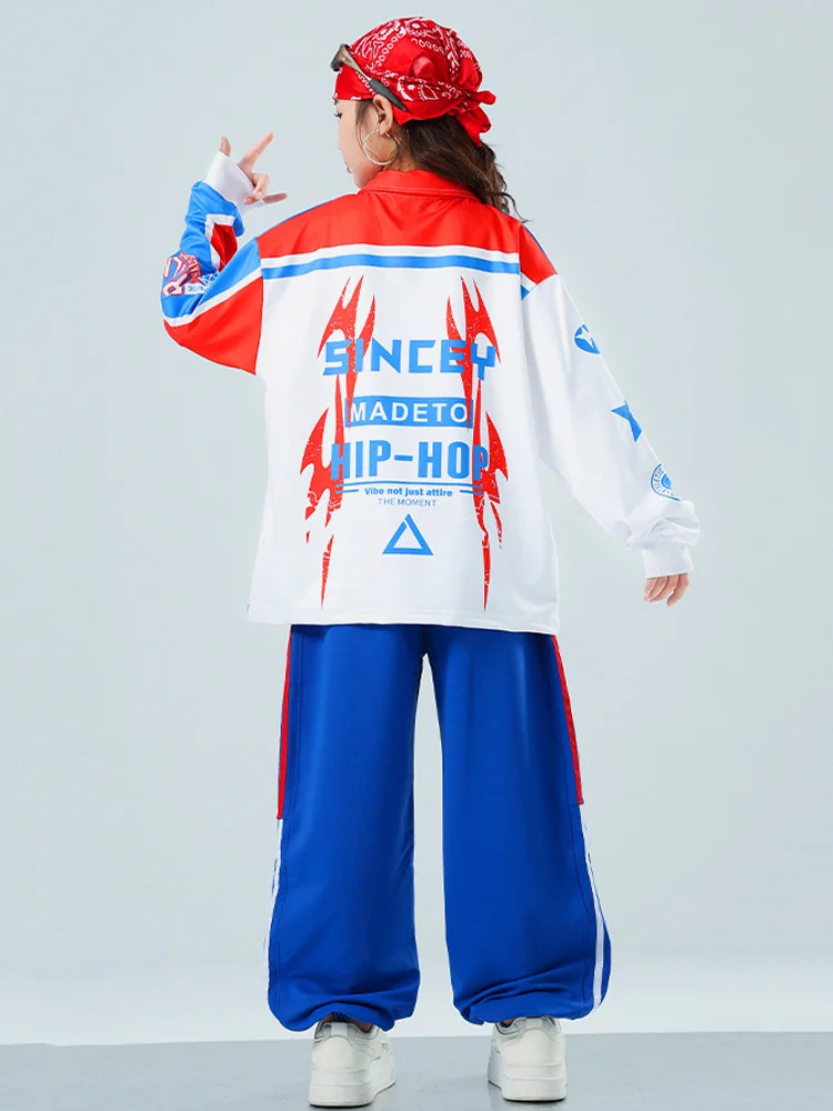 Boys Street Dance Streetwear White Sweatshirt Girls Hip Hop Clothes Sets Kids Jazz Blue Pants Outfits Costume
