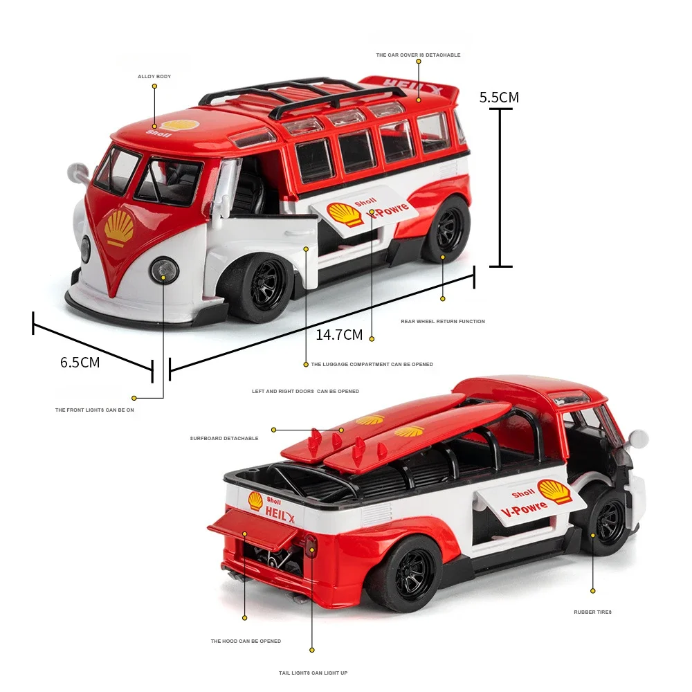 1:32 Volkswagen T1 รถบัสจําลองรุ่นรถเสียงดึงกลับคอลเลกชันของเล่นเด็กสําหรับของขวัญเด็ก