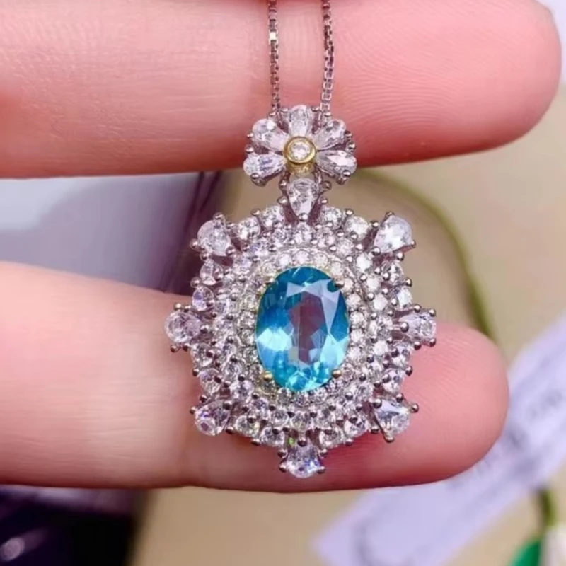 

Fine jewelry 925 pure silver inlaid natural Apatite girl luxury popular oval Chinese style gem pendant necklace support detectio