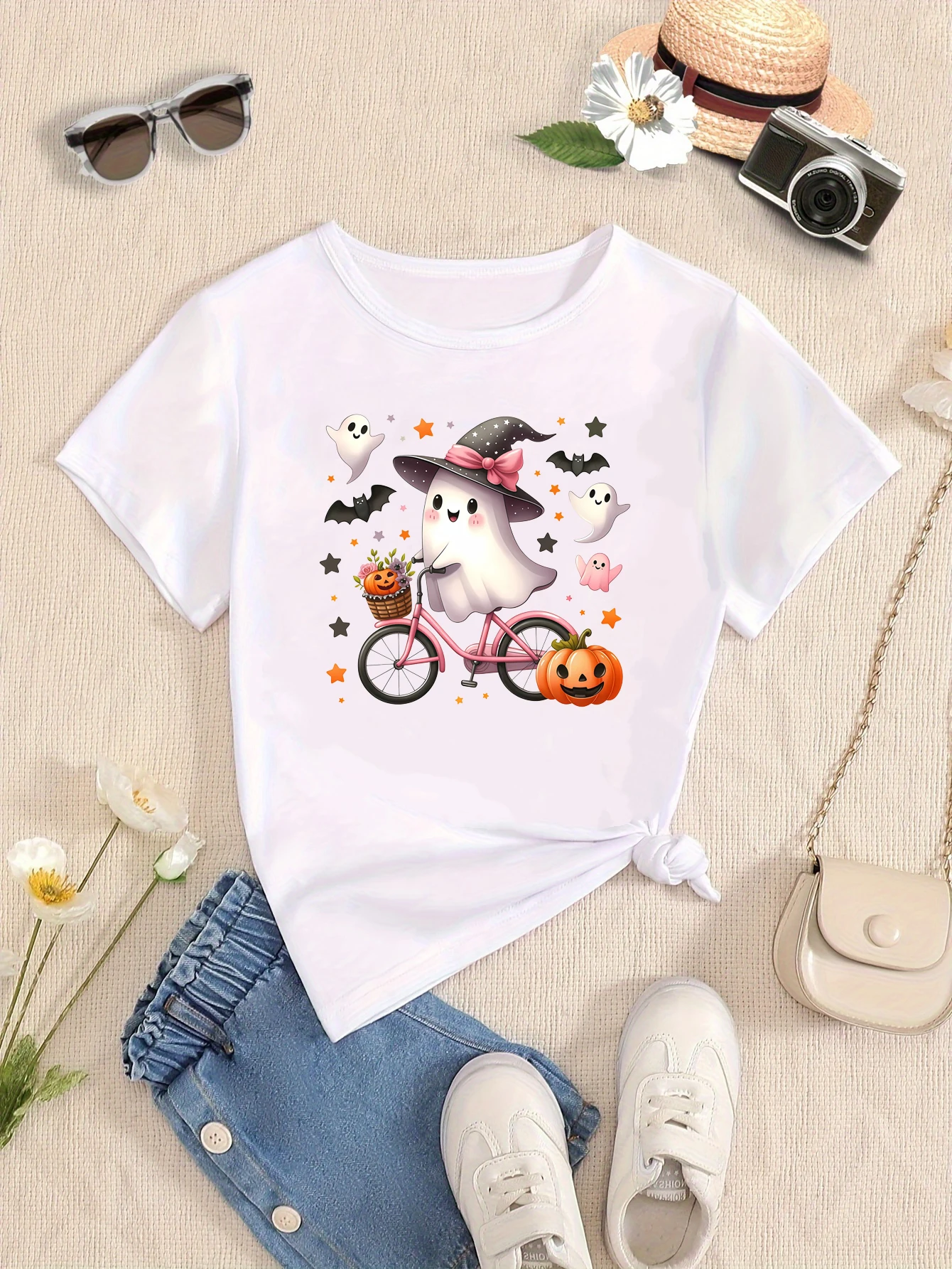 Halloween Boo Pumpkin Bats Printed T Shirt Girls Halloween Gift T-Shirt Funny Kids Clothes White/Black/Blue/Purple T-Shirt