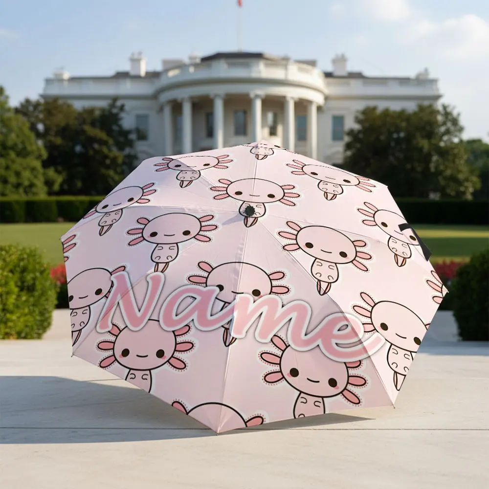 Custom Name Umbrella Cute Pink Axolotl Seamless Pattern Print Folding Umbrella Compact Portable Travel Parasol For Kids Girls