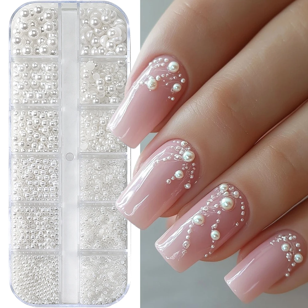 

12 Grids 3D Half Mix Round Pearls Beads Nail Charms 1.5/2/2.5/3/4/5mm White Flatback Half + Round Pearl Nail Jewelry For Diy Dec
