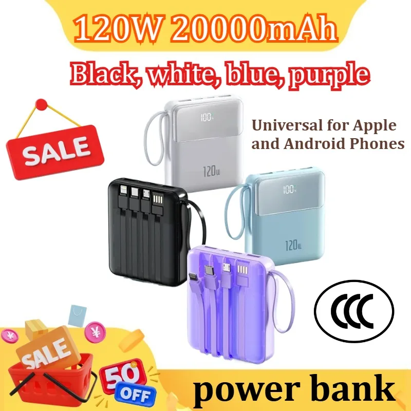 

Mini 120W Super Fast Charging Power Bank with 4 Built-in Cables, 20000mAh Large Capacity Power Bank Digital Display Powerbank