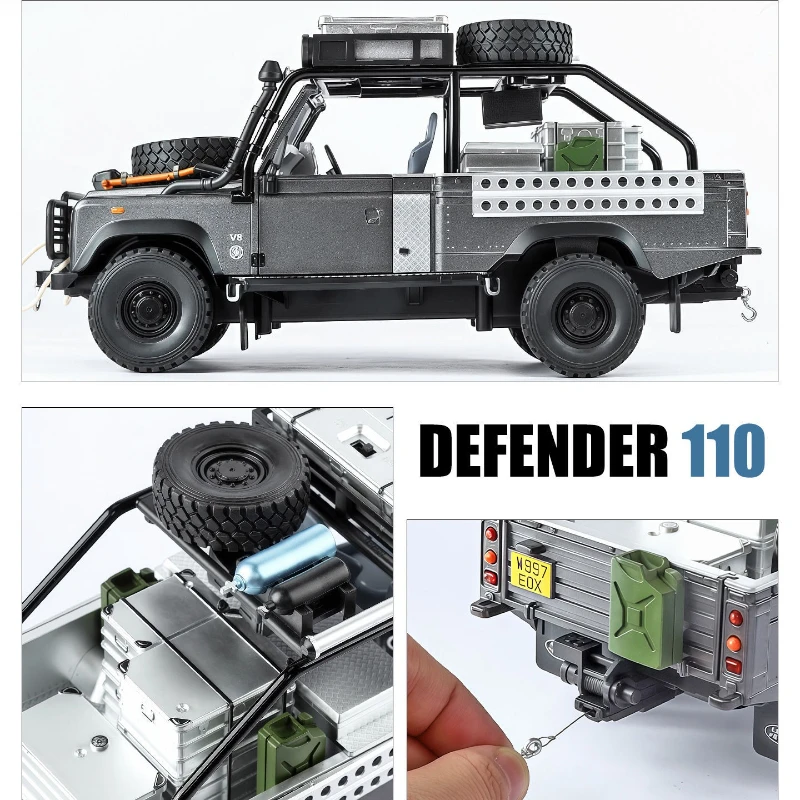 Simulación 1:24 Defender 110, modelo de coche de aleación todoterreno, adorno de colección, vehículo de juguete para niños, regalo, luz de retroceso en miniatura