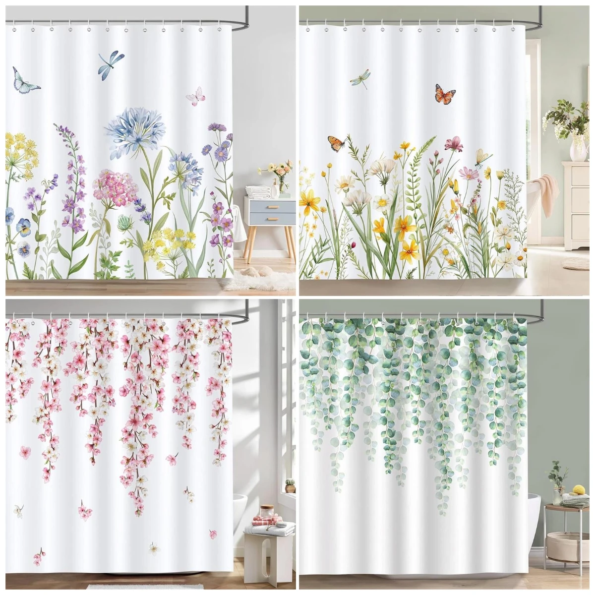 Floral Shower Curtains Watercolour Flowers Eucalyptus Leaves Butterfly Dragonfly Plant Polyester Fabric Bathroom Curtain Decor