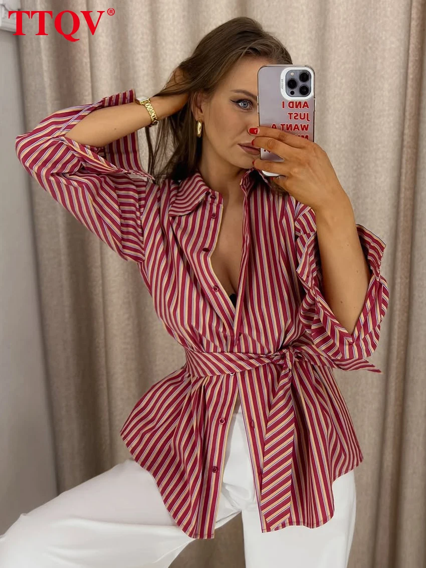 

TTQV Fashion Loose Stripe Print Women's Shirt 2026 Spring Lapel Long Sleeve Blouse Elegant Classic Lace-Up Top Female Clothing