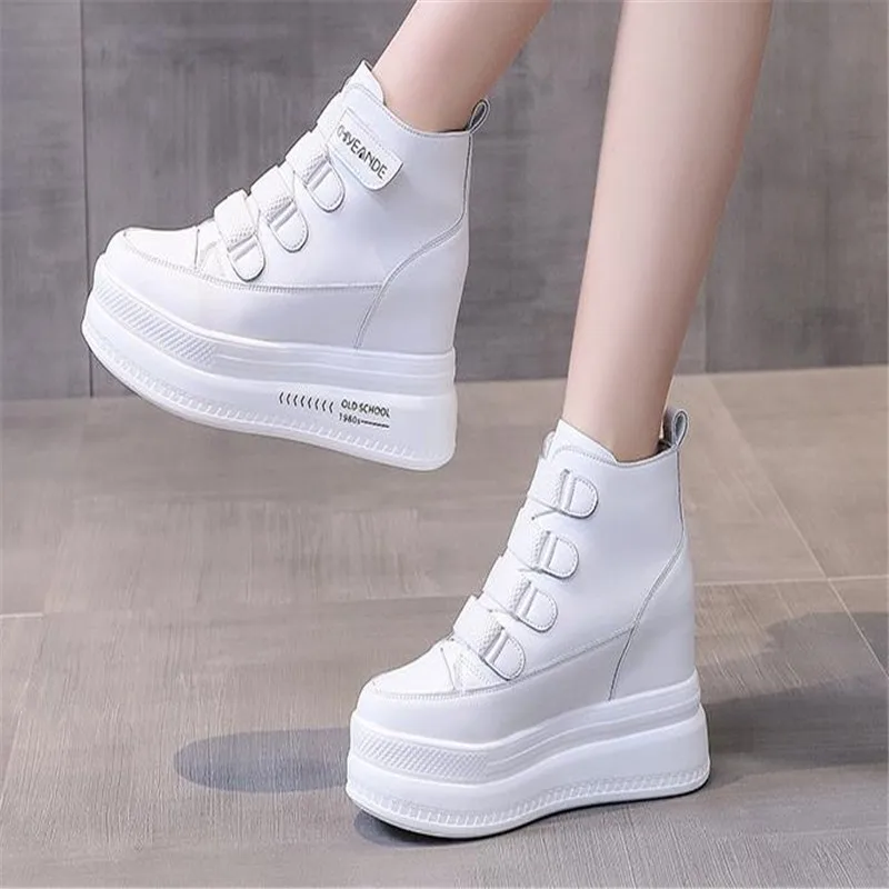 Autumn High Platform Sneakers 8CM High Heels Women Thick Sole Ankle Boots Leather Wedge Winter Casual Shoes Boots