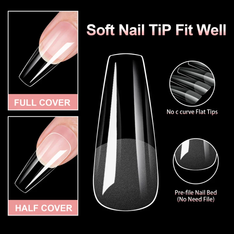 100 SZTUK Tipsów do Paznokci Pełne Pokrycie DIY Manicure Przedłużanie Przezroczyste Miękkie Naklejki Ozdoby do Paznokci Gotowe Sztuczne Paznokcie