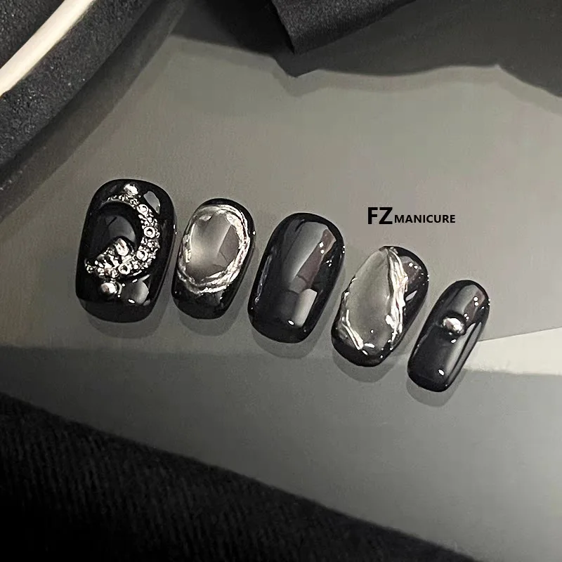 10 pçs artesanal imprensa em unhas céu reino escuro gato-olho cobertura completa dicas de unhas para mulher & menina removível wearable unhas falsas