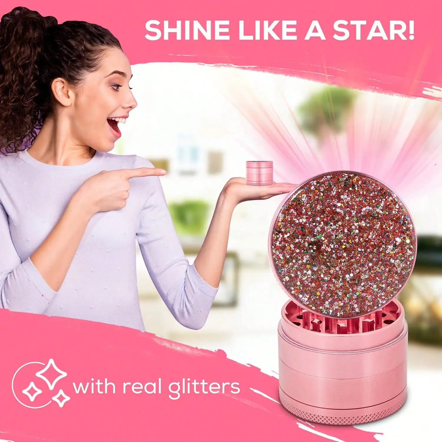 2in Glitters Shining Aluminum Herb Grinder Heavy Duty Construction with Magnetic Lid for Secure Closure