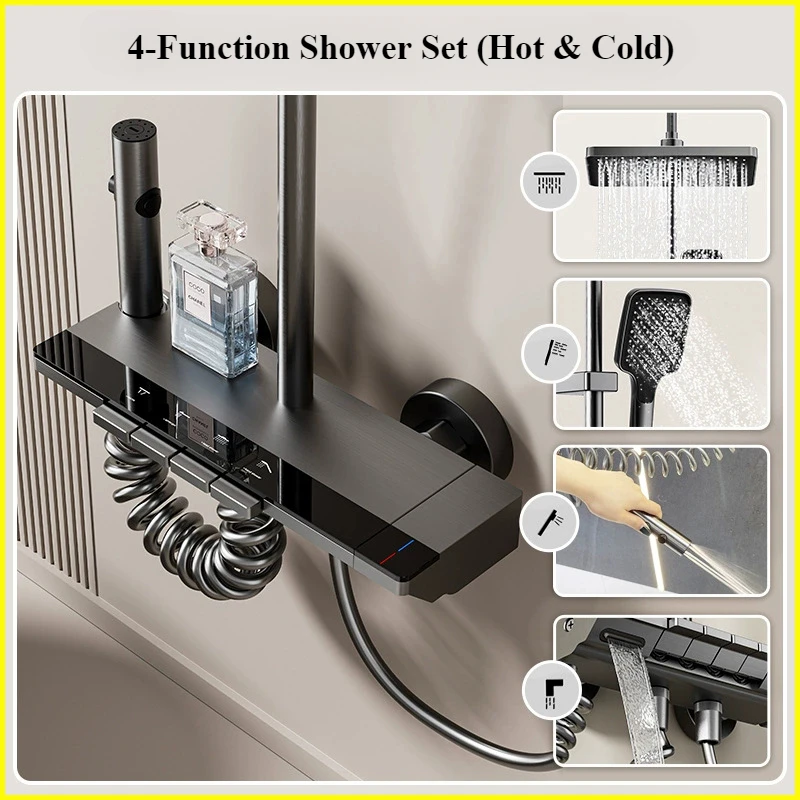 

Piano Key 4 Ways Water Outlet Shower System for Bathroom Wall Mount Rainlfall Pressurise Hot Cold Shower Faucet Set Bidet Set