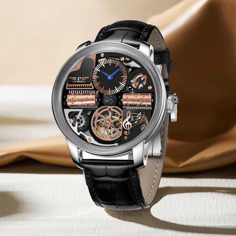 PINDU تصميم جديد The Godfather Machinery Watch الرجال الفولاذ المقاوم للصدأ الياقوت الزجاج أعلى الفاخرة ساعات المعصم التلقائية للماء