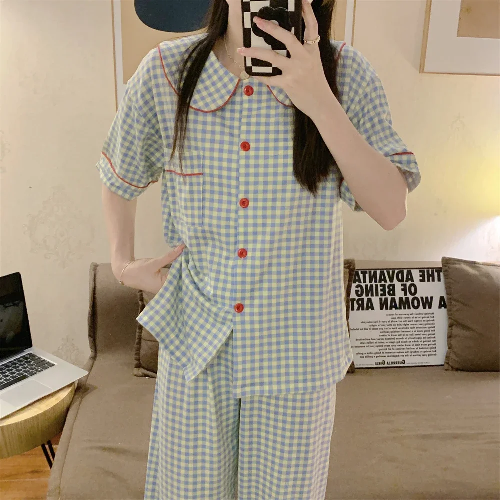 Süße Gitter Mädchen Pyjamas Set koreanischen Sommer neue Kurzarm Freizeit Nachtwäsche Frauen lose Nachtwäsche Homewear Anzug