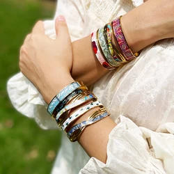 ZALMAN Colored Textured Enamel Bracelet for Women Blue Eyes Titanium Steel Jewelry Lover Gift