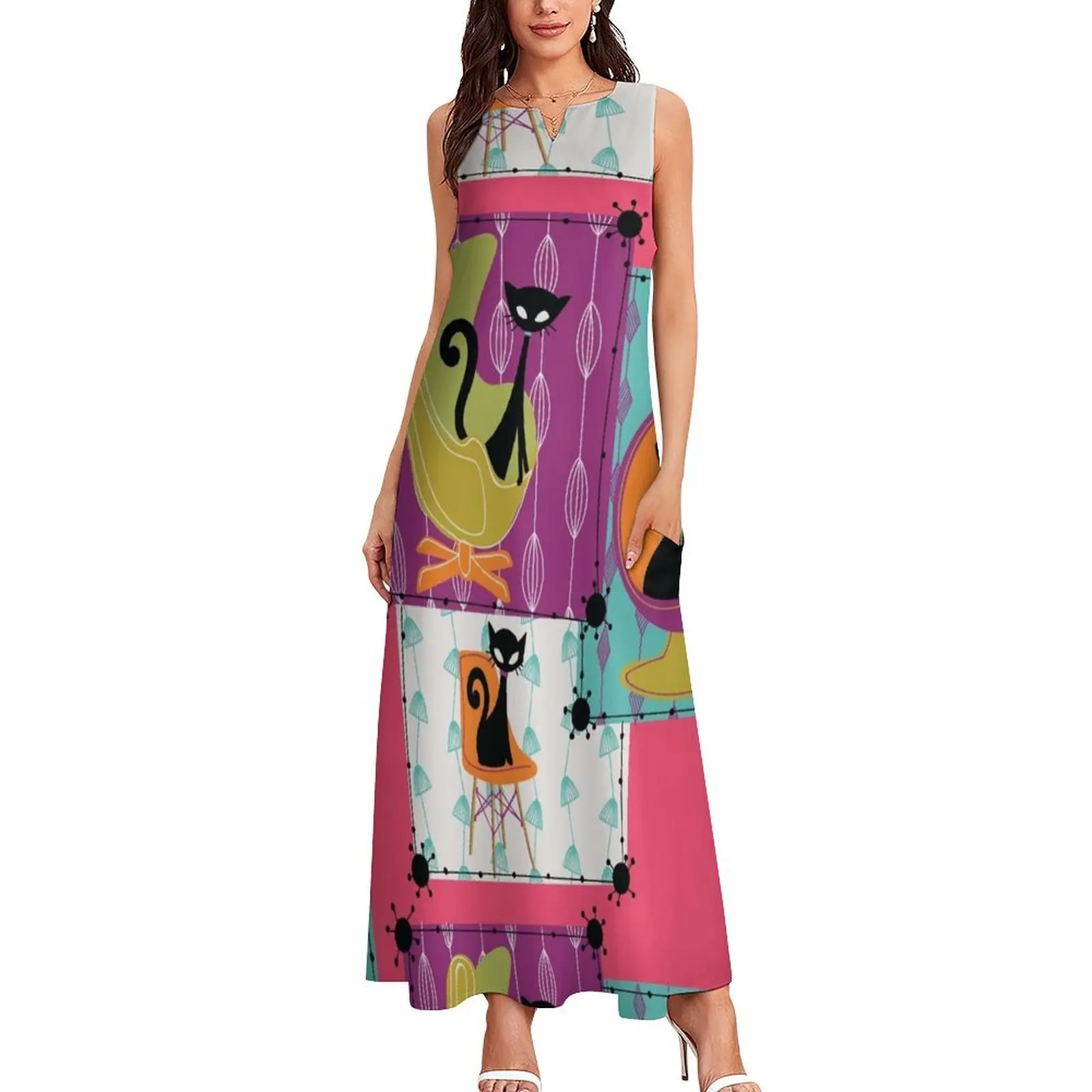 60's RETRO MID-CENTURY MODERN CATS Long Dress summer dresses ladies dresses for women 2025 Long veiled dresses Dress