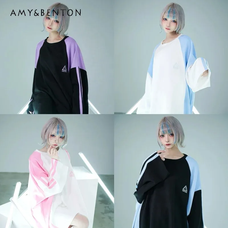 25COSاليابانية Harajuku Ililil نظام ألوان مائية اللون مطابقة القمصان للنساء ربيع جديد Y2K منتصف طول المتضخم تي شيرت