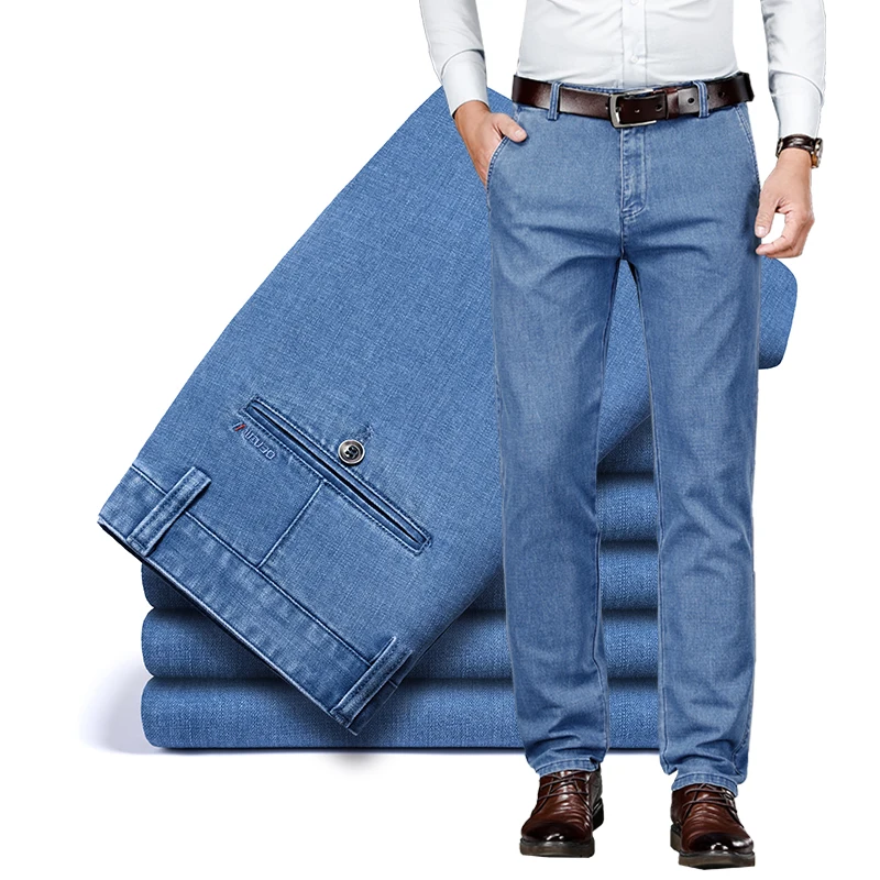 

Осенние брендовые мужские джинсы, прямые тонкие эластичные удобные модные деловые повседневные брюки, мужские брендовые джинсовые брюки из лиоцелла