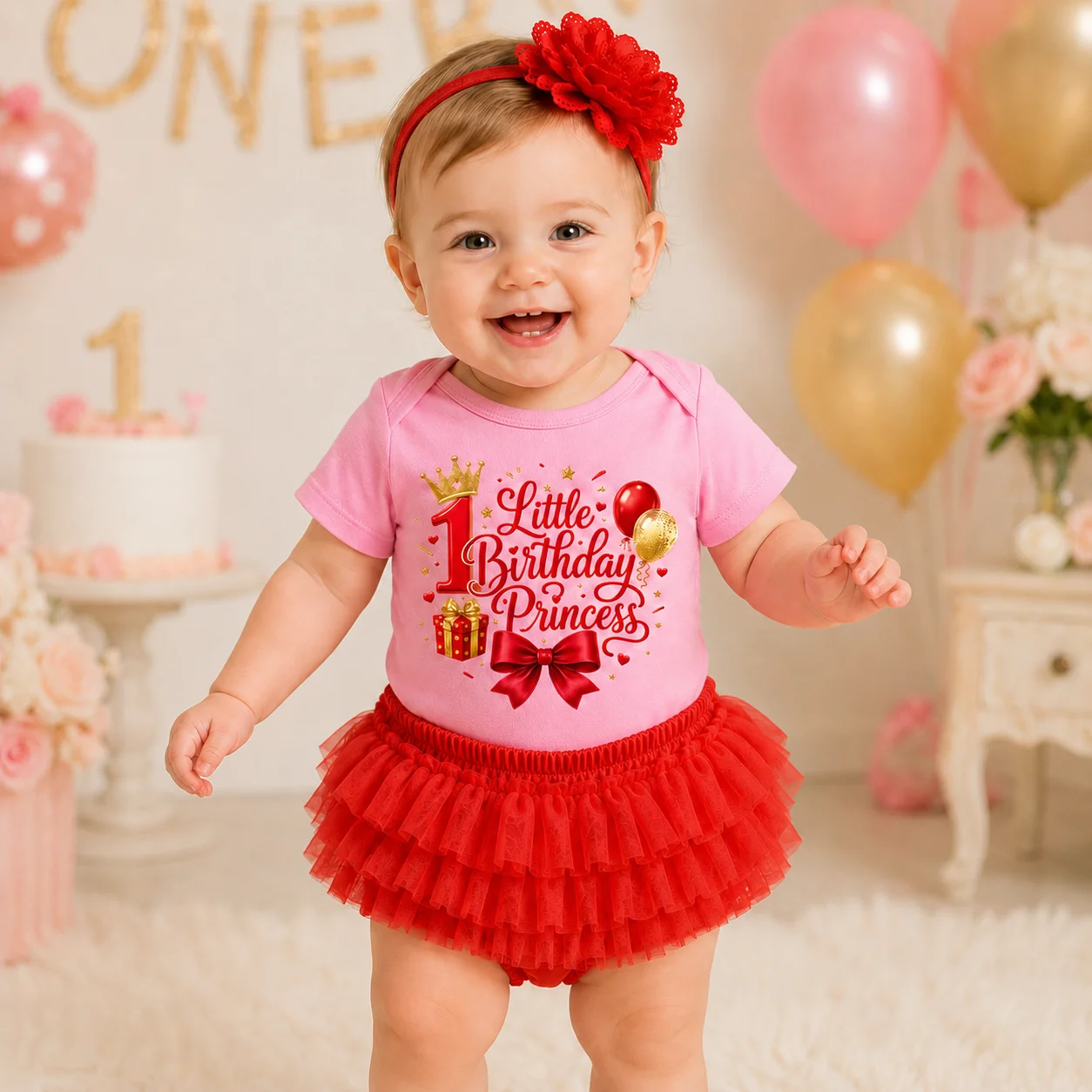 

Baby Girl 1st Birthday Outfit Little Birthday Princess Print Romper Red Tutu Skirt Flower Headband 3Pcs Infant 1 Year Old Party