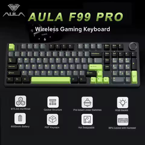 AULA F99PRO Esports Gaming Keyboard Three Mode Wireless Mechanical Keyboard RGB Hot Swappable Custom Keyboard with Media Knob