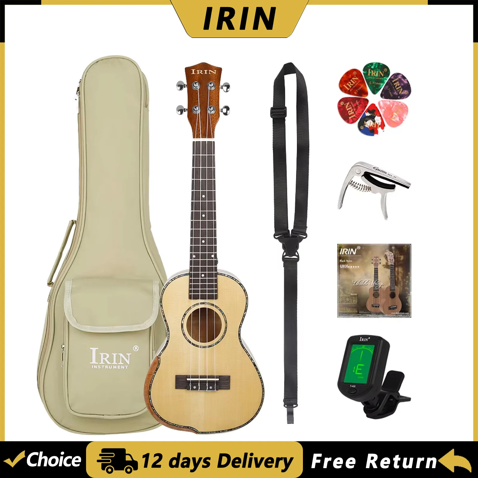IRIN 23 Inch Ukulele 4 Strings Guitar Hawaiian Guitar Spruce Panel Ukulele with Strings Bag Tuner Guitar Parts & Accessories